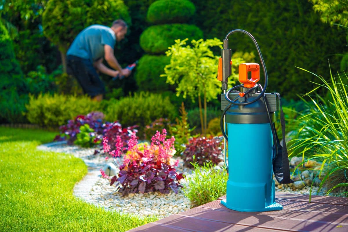 A hand water garden sprayer on a porch next to a beautiful garden.