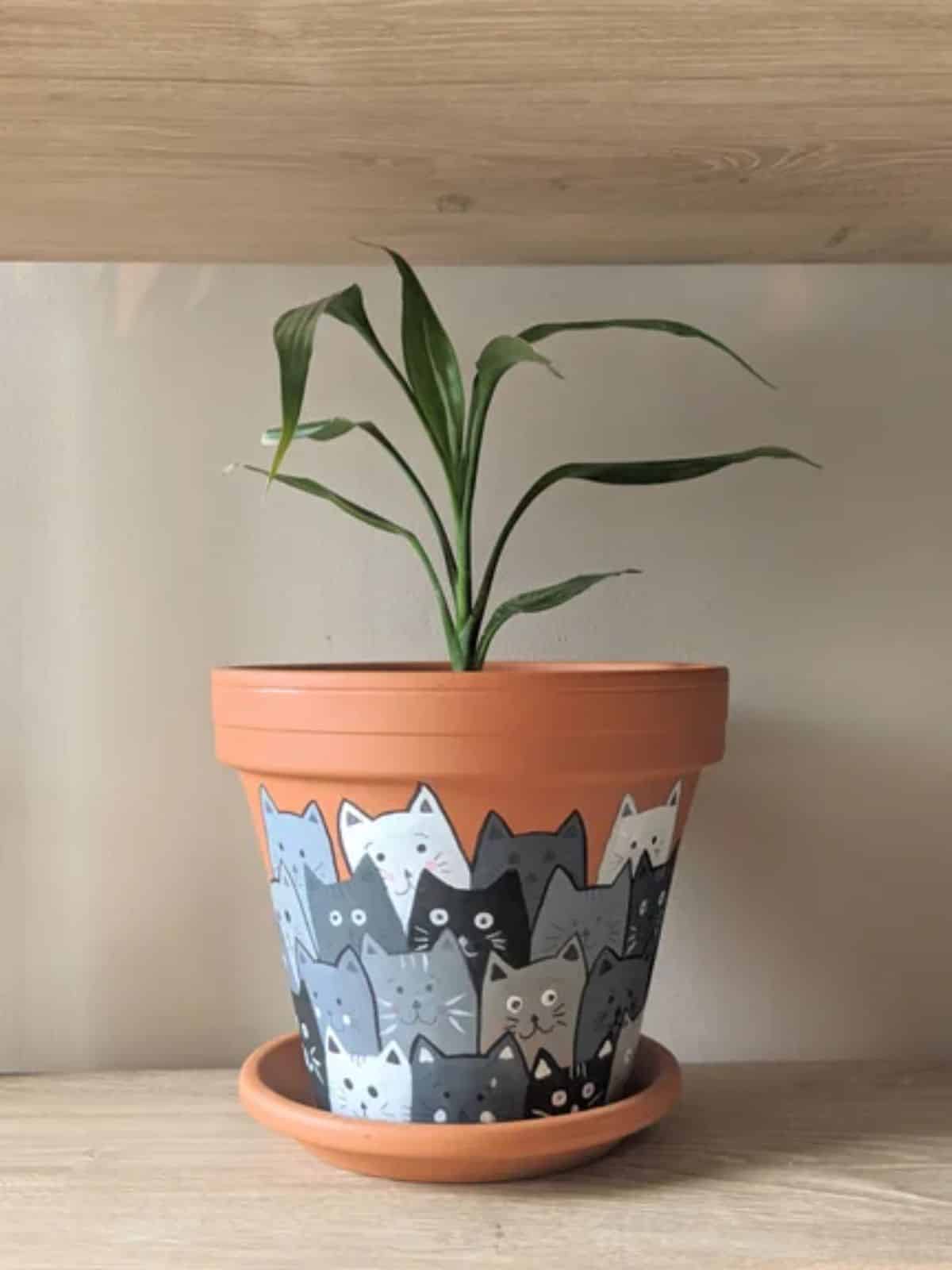 Kitties Flower Pot with a plant on a shelf.
