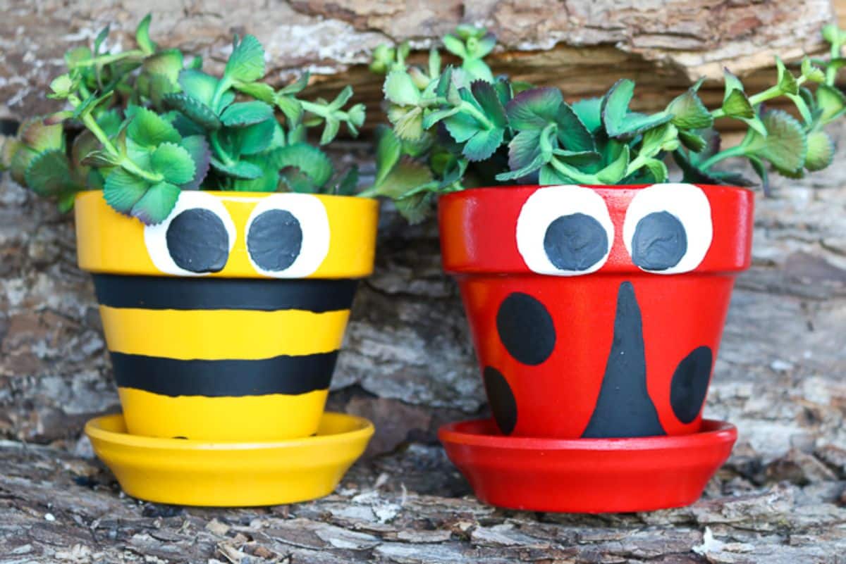 Two hand-painted lady bug flowerpots.