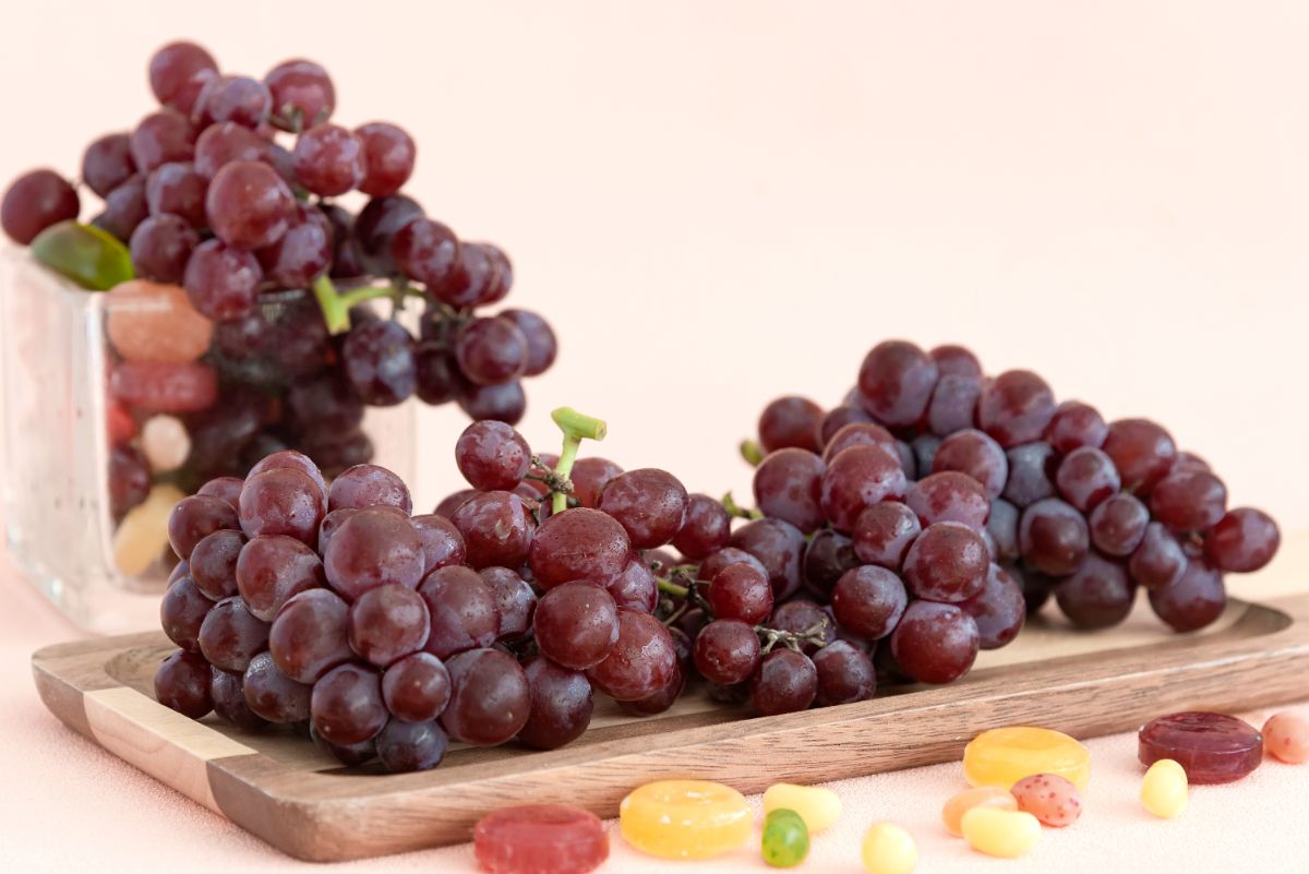 Clusters of ripe Candy Snaps grape variety on a wooden tray.