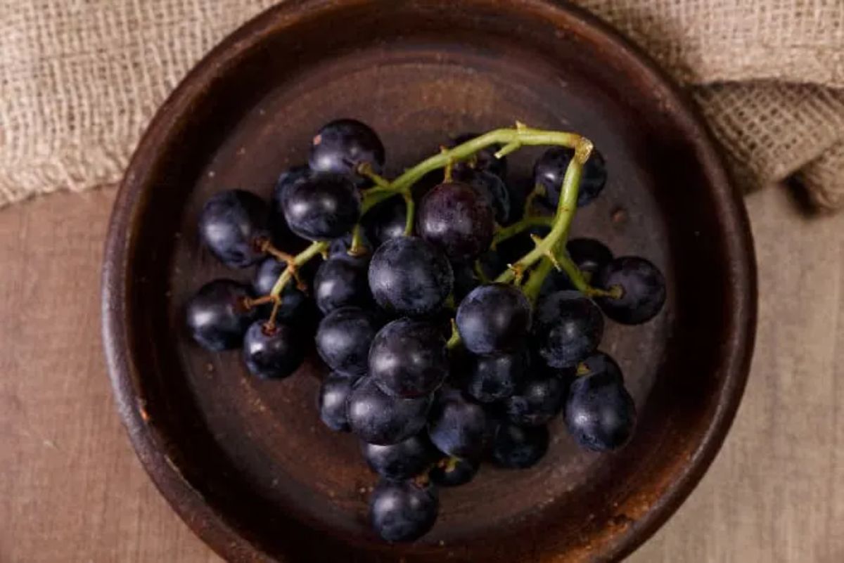 A ripe cluster of a Gum Drop Grape in a wooden bowl.