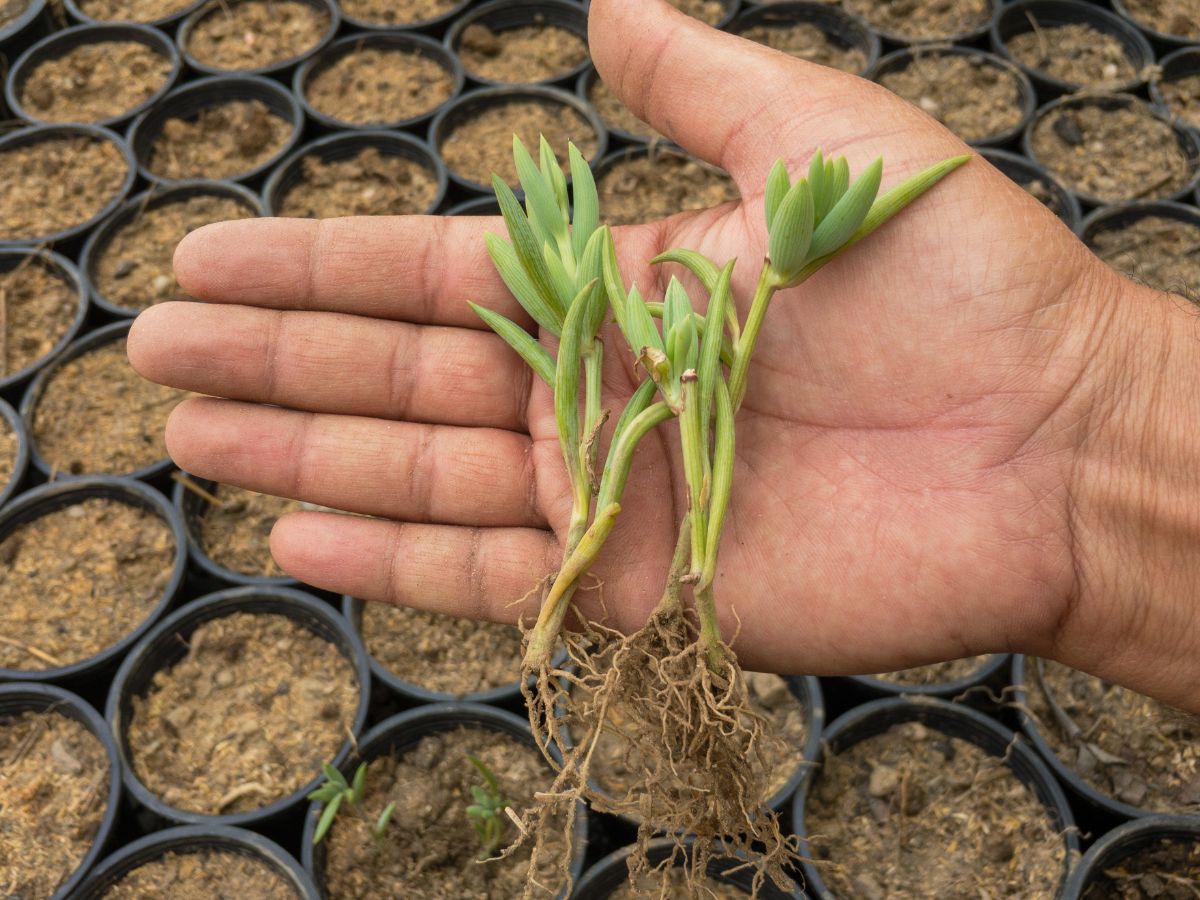 A hand holding rooted String of Bananas seedlings.