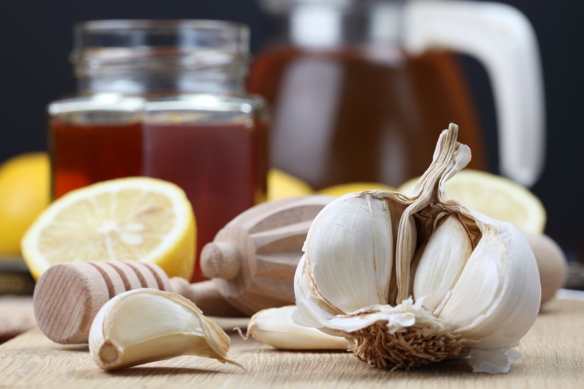 A garlic head with garlic cloves on a wooden table.